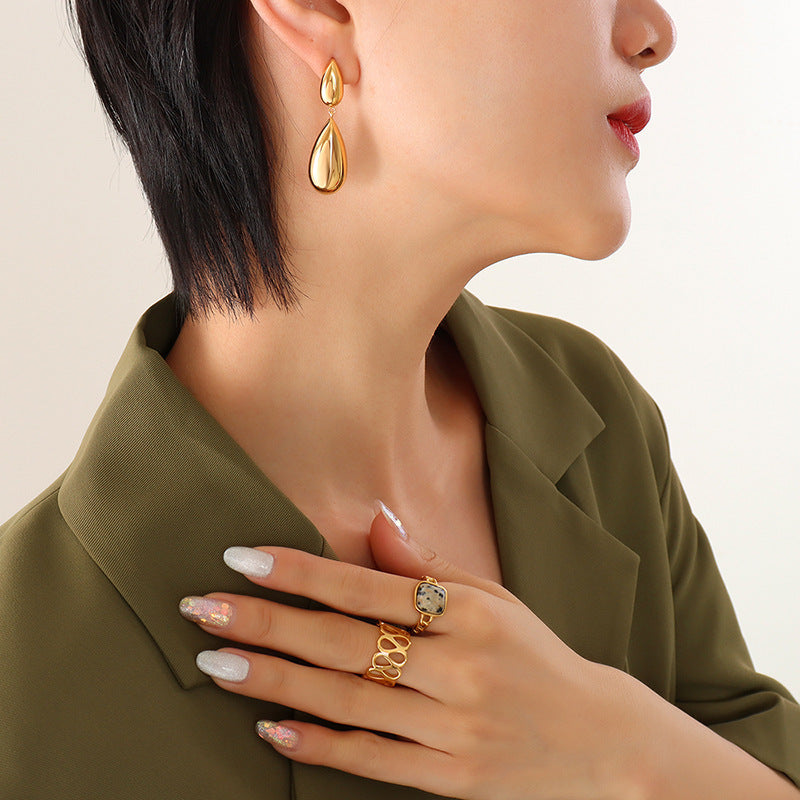 French Style Water Droplet Titanium Steel Earrings with 18K Gold Plating