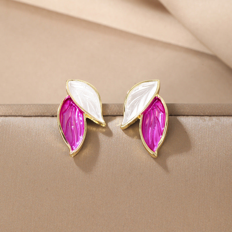 Elegant Korean Leaf Enamel Alloy Stud Earrings with S925 Silver Needle