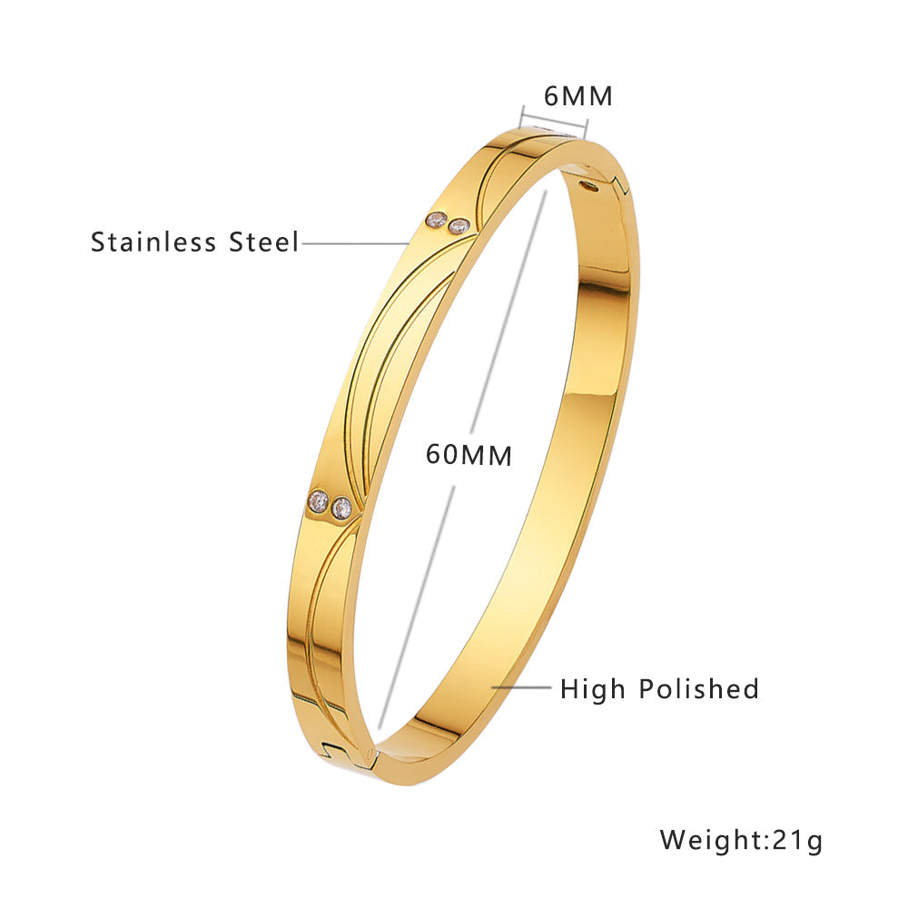 Simple Heart Shape Diamond Gold-Plated Titanium Steel Bangle Bracelet