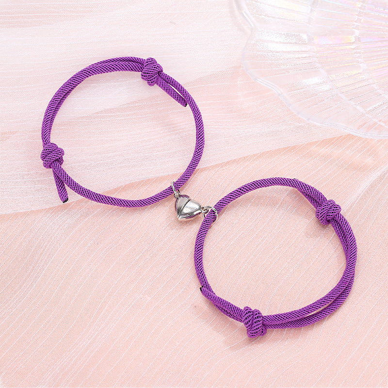 Heart-shaped Magnetic Couple Bracelets Set - Alloy Love Charm Rope Jewelry