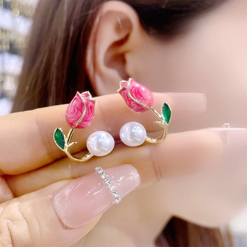 Sweet Tulip Pink Pearl Stud Earrings - Versatile and Chic Women's Jewelry