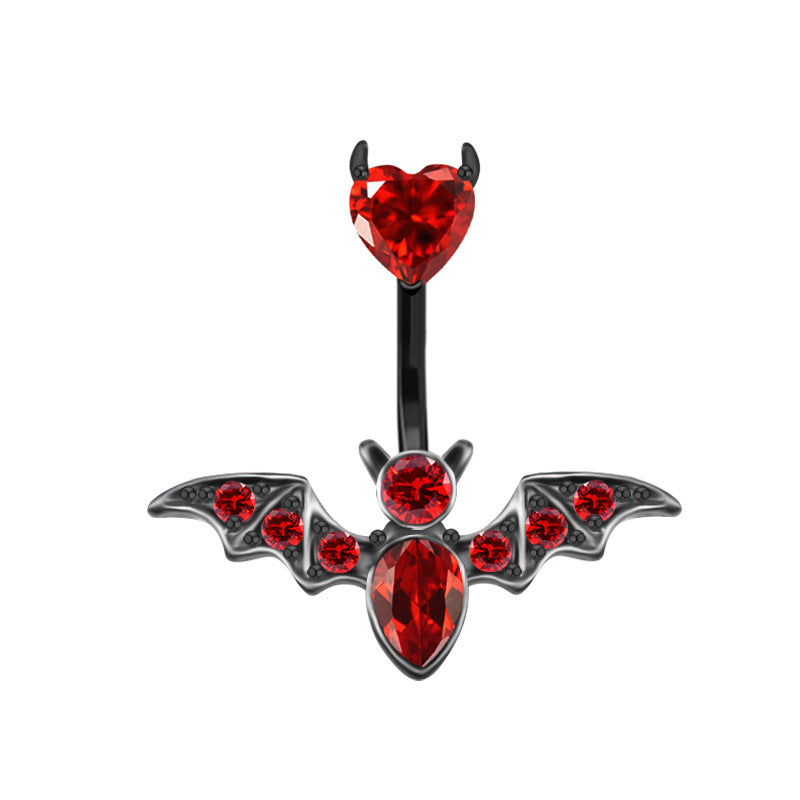 Heart Shape Bat Wings Belly Ring with Rhinestones and Zircon in Stainless Steel and Copper Plating