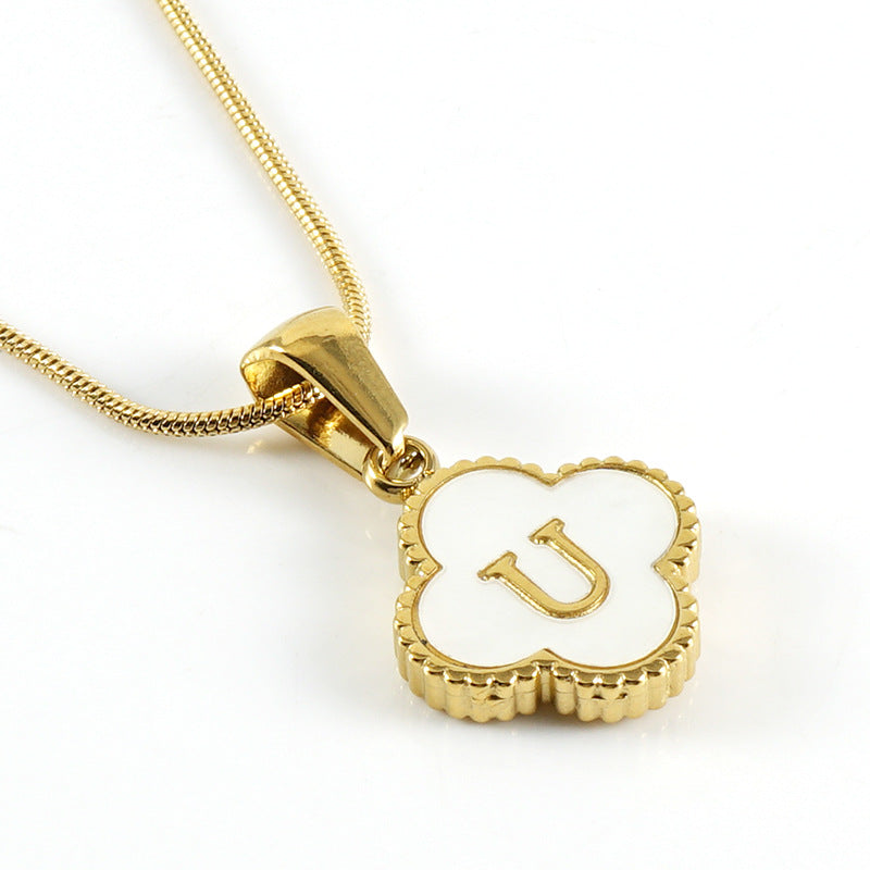 Clover Shell Letter Pendant Gold Plated Stainless Steel Snake Chain Necklace