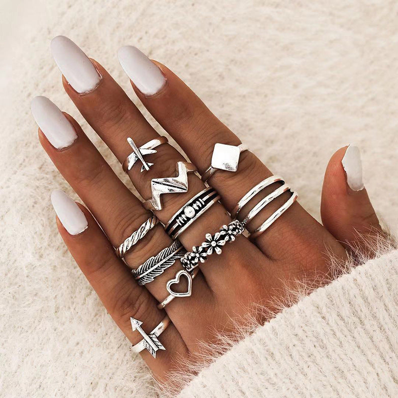 New Bohemian Star and Shell Carved Ring Set - 9 Pieces