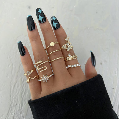 Elegant Wave & Butterfly Rhinestone Inlay Ring Set - 10 Pieces