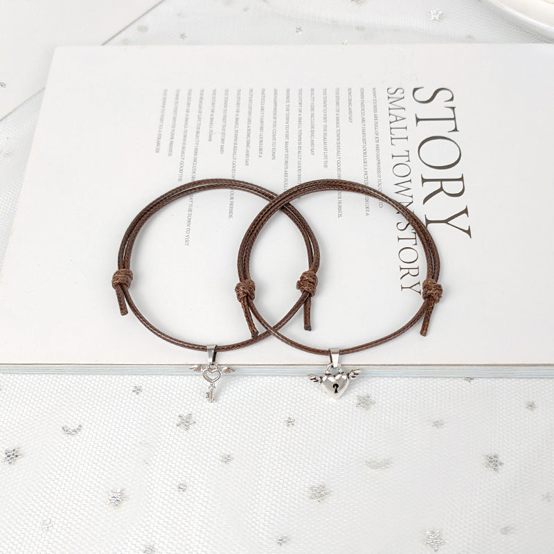 Alloy Heart Key Lock Wing Couple Bracelet Set