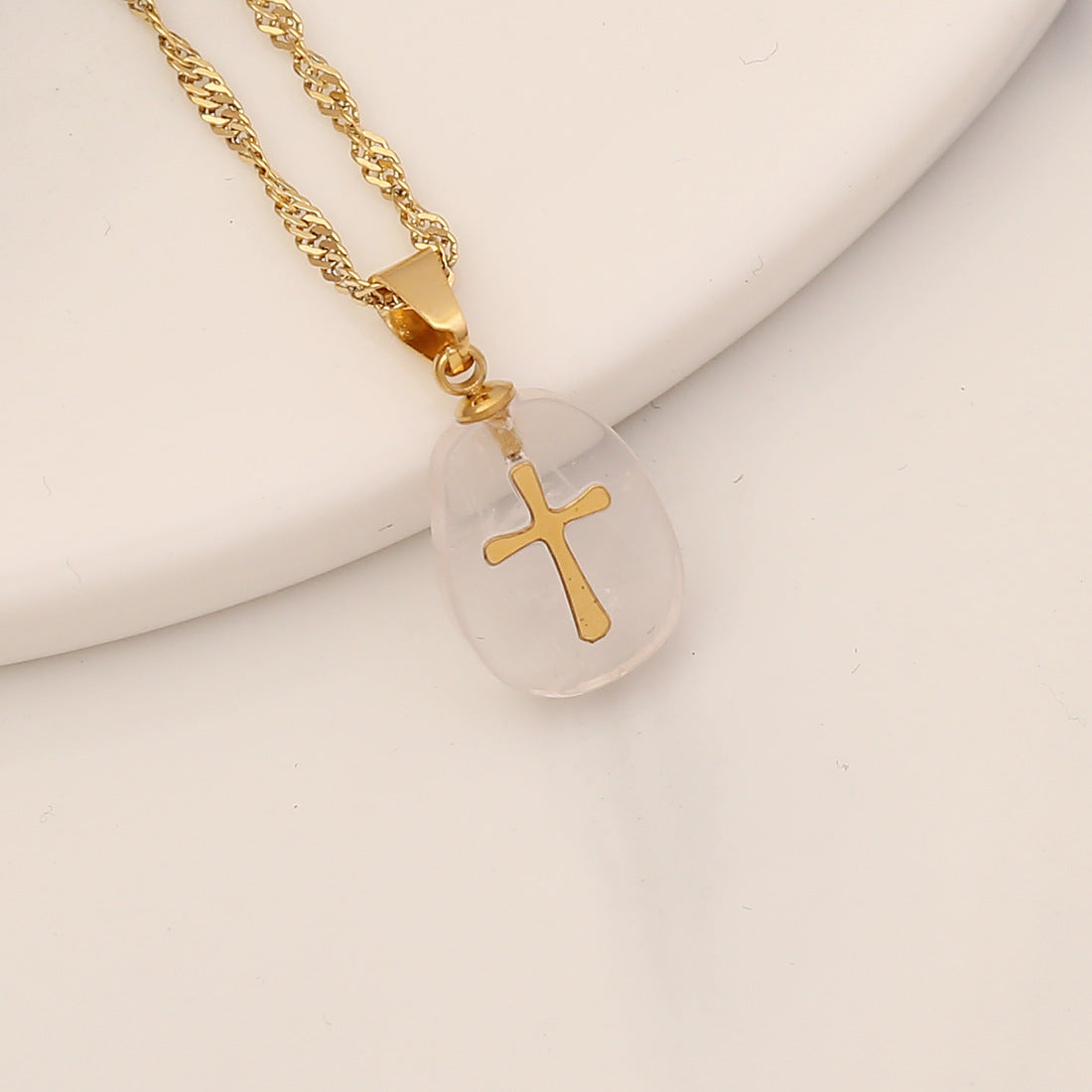 Fashion Stainless Steel Natural Stone Cross Pendant Necklace