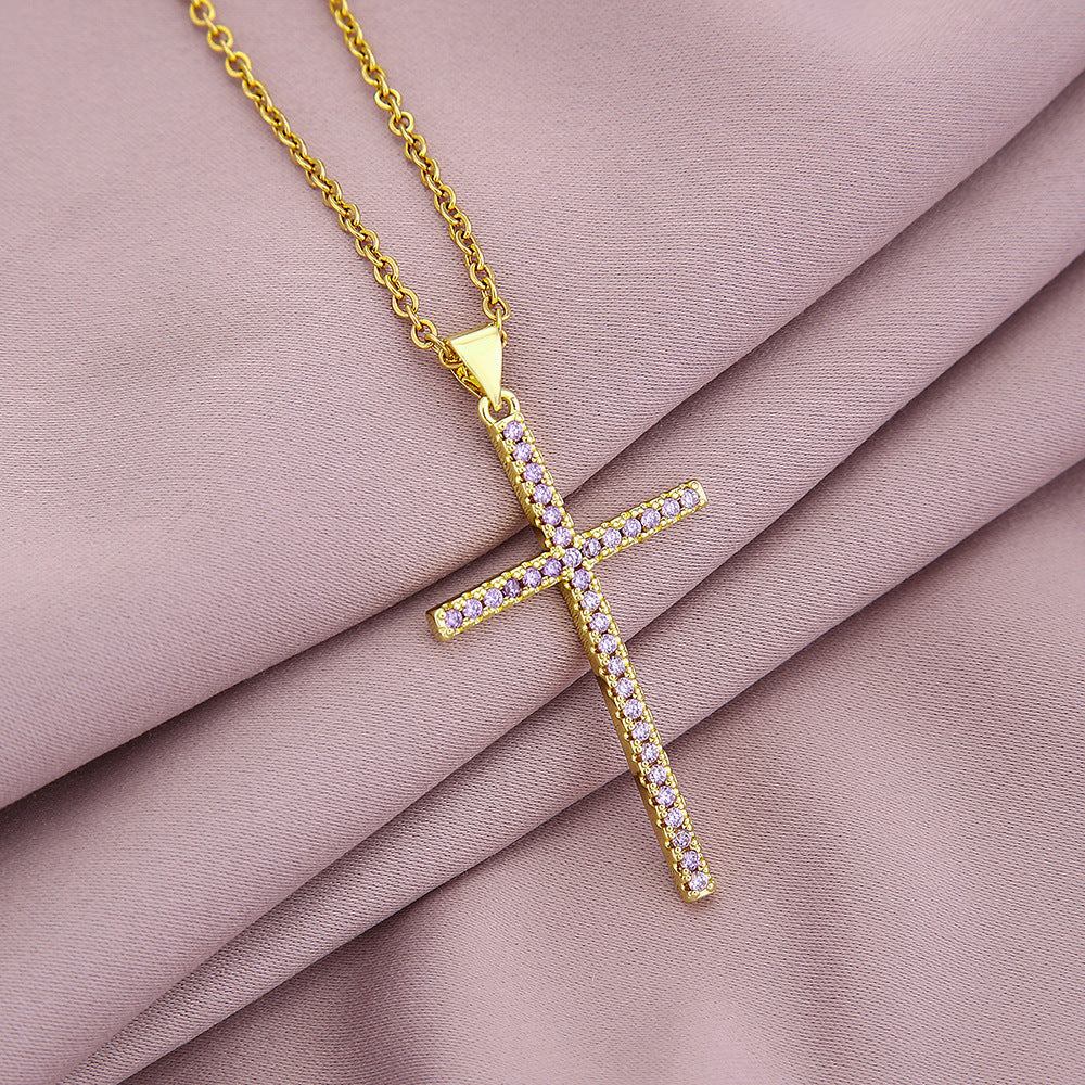 Trendy Cross Pendant Necklace with Colorful Zircon for Couples