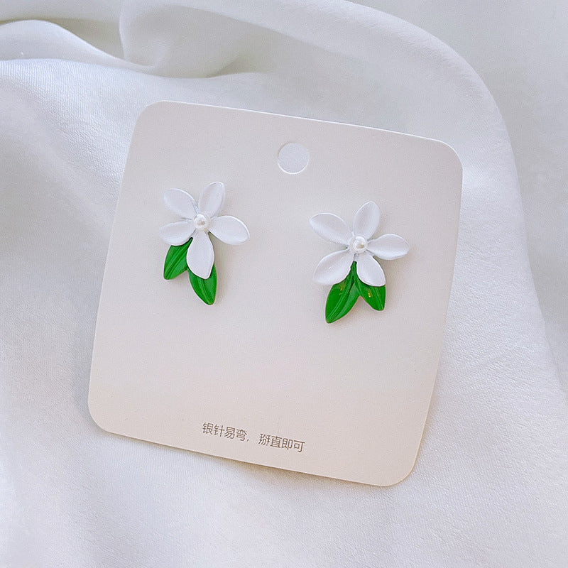 Fairy Leaf Flower Opal Zircon Earrings with Imitation Pearl and Green Tulip Tassel Design