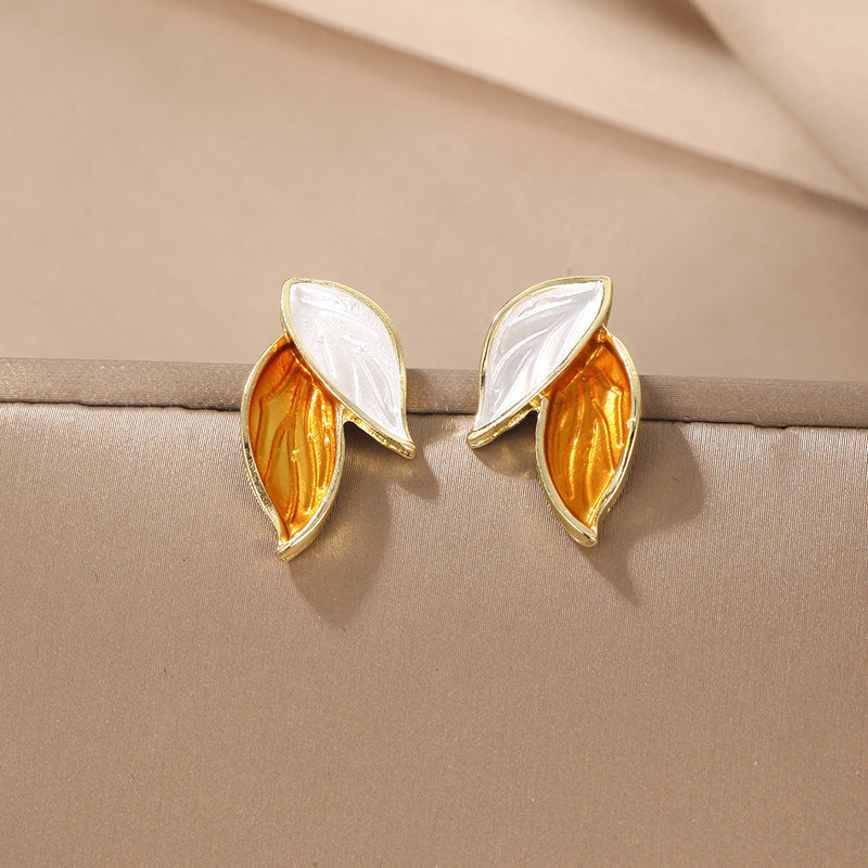 Elegant Korean Leaf Enamel Alloy Stud Earrings with S925 Silver Needle