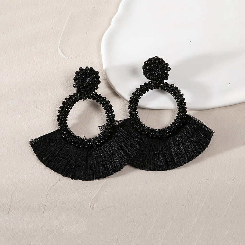 Bohemian Beaded Fan-shaped Tassel Earrings for Women