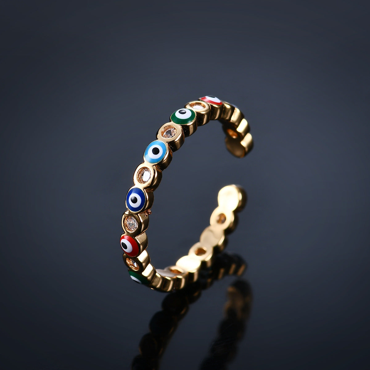 Fashion Jewelry Copper Ring with Micro-inlaid White Zircon and Enamel Evil Eye Design