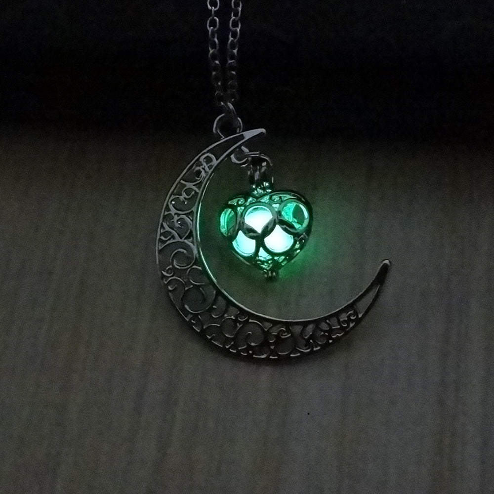 Luminous Hollow Moon Heart-Shaped Christmas Pendant Necklace