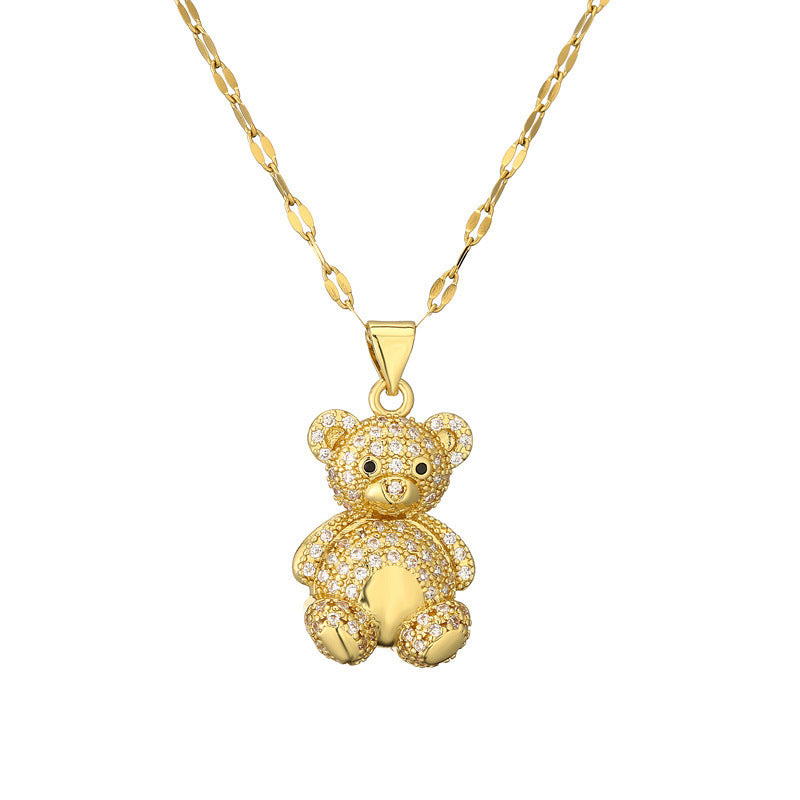 IG Style Cute Bear Zircon Inlay Gold Plated Pendant Necklace