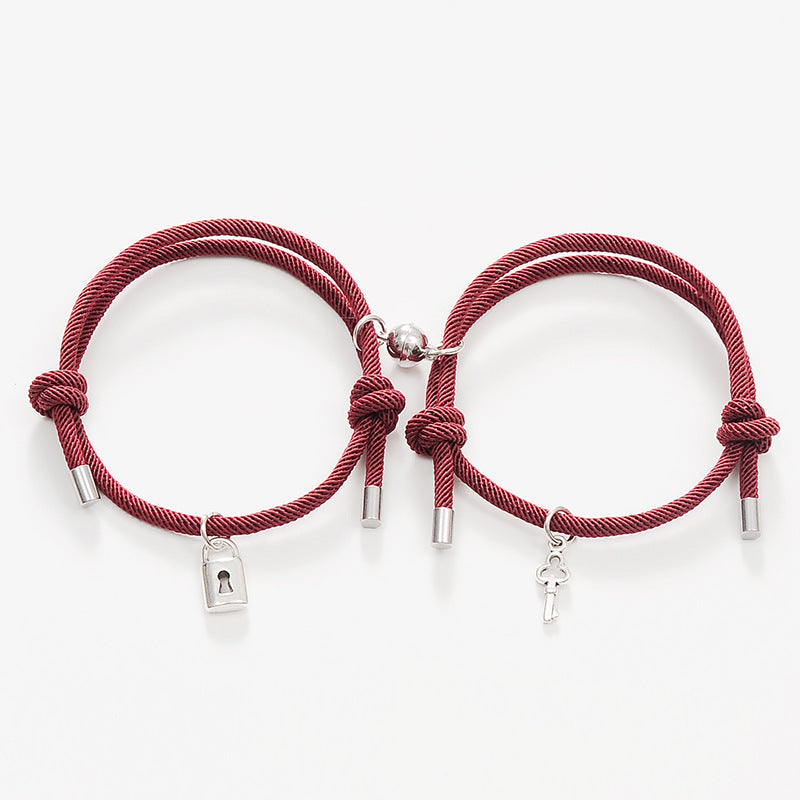 Alloy Key Lock Magnetic Couple Hand Rope Bracelet Set