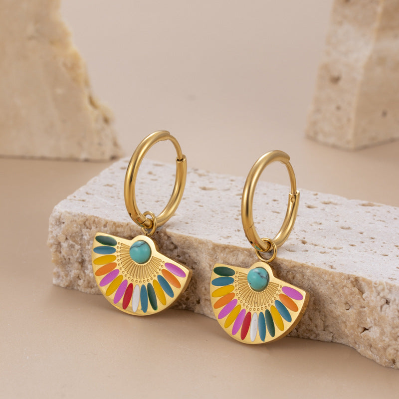 Bohemian Stainless Steel Enamel Turquoise and Gold Plated Crystal Drop Earrings