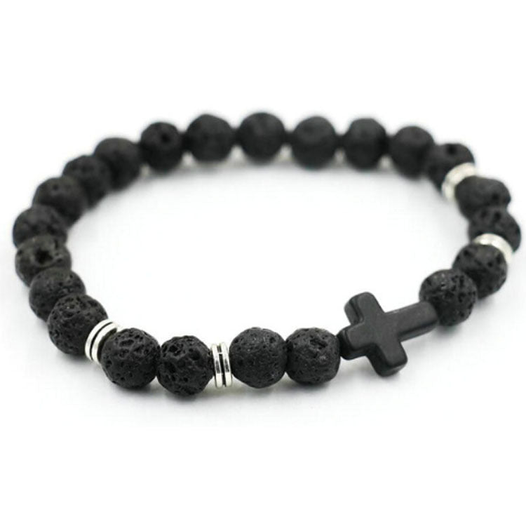 Alloy Cross Bracelet with 8mm Matte Volcanic Stone Beads - Red Pine