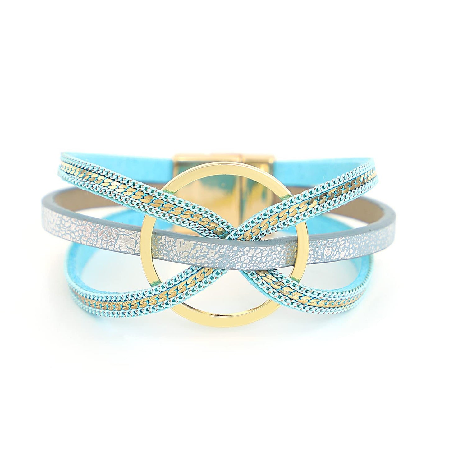 Multilayer Geometric Alloy Circle Magnetic Leather Bracelet for Women