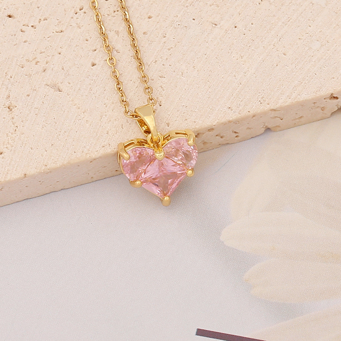 Casual Pink Heart Butterfly Pendant Necklace with Zircon Inlay