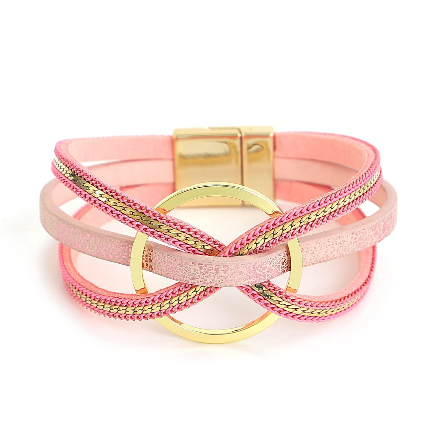 Multilayer Geometric Alloy Circle Magnetic Leather Bracelet for Women
