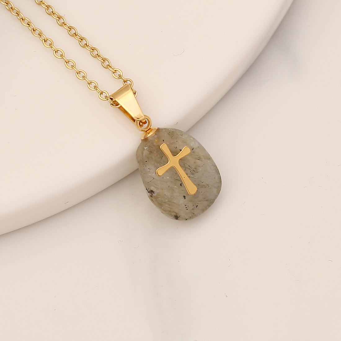 Fashion Stainless Steel Natural Stone Cross Pendant Necklace