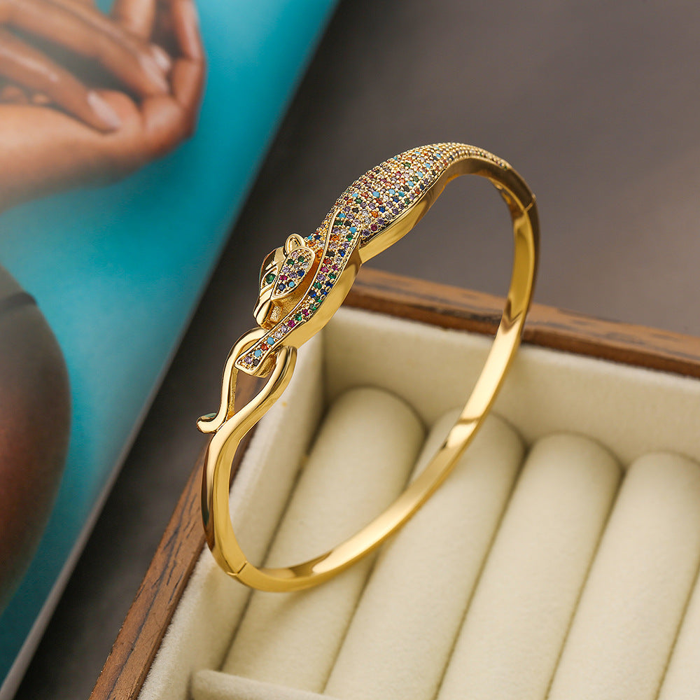 Hip-Hop Leopard Zircon 18K Gold Plated Bangle Bracelet