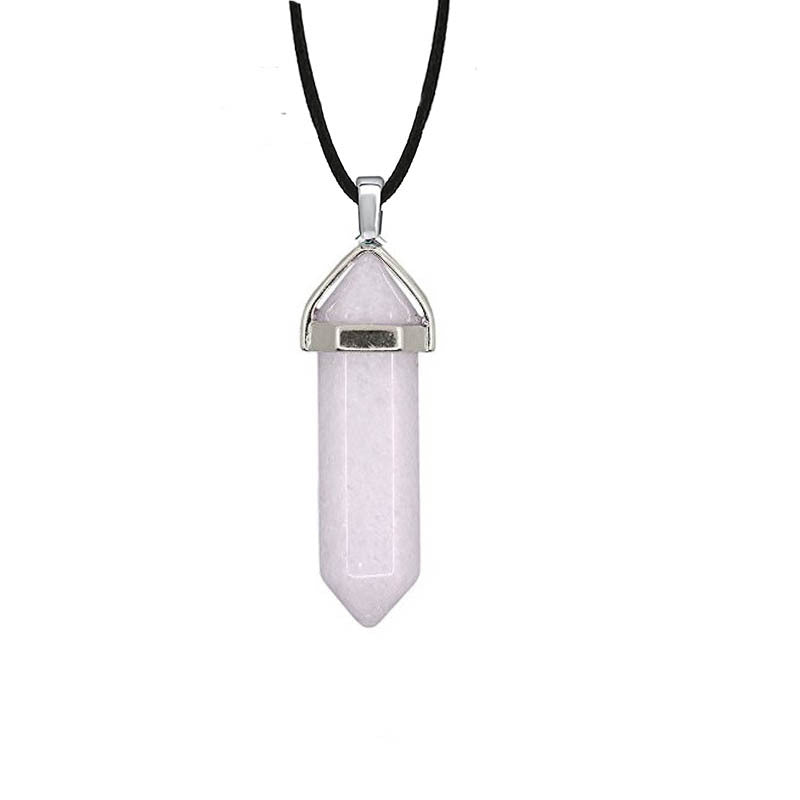 Hexagon Prism Natural Stone Leather Rope Necklace with Quartz Point Pendant