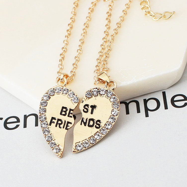 Heart Pendant Friendship Necklaces with Rhinestone Inlay