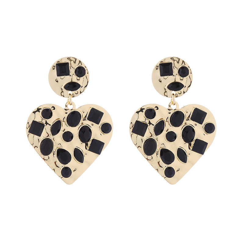 European American Heart-shaped Alloy Rhinestone Earrings