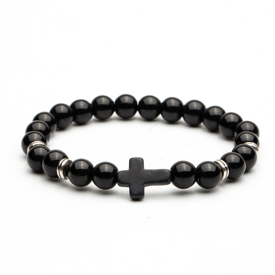 Black Stone Cross Elastic Bracelet with Volcanic and Frosted Beads