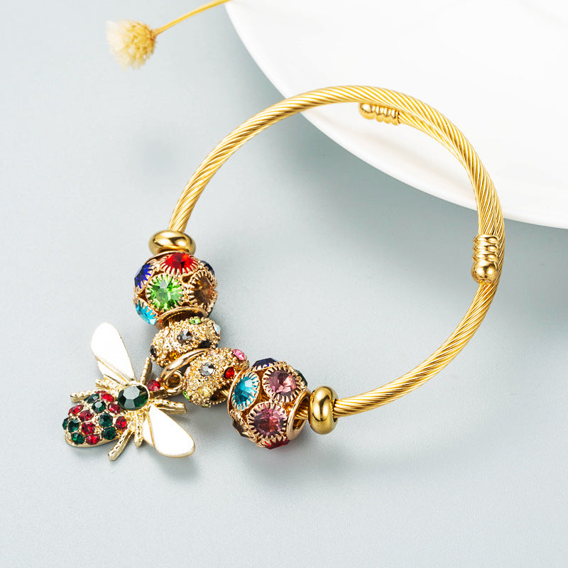 Gold Adjustable Bee Bracelet with Diamond Ball