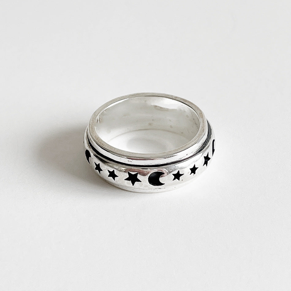Fashion Stars and Moon Double Rotating 925 Sterling Silver Vintage Ring