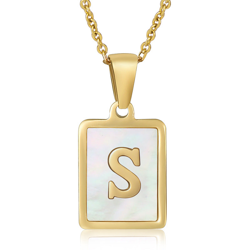 Stainless Steel Alphabet Pendant Necklace with Inlay Shell and 18K Gold Plating