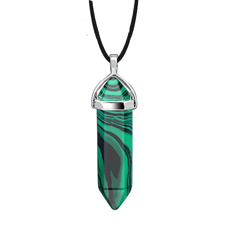 Hexagon Prism Natural Stone Leather Rope Necklace with Quartz Point Pendant