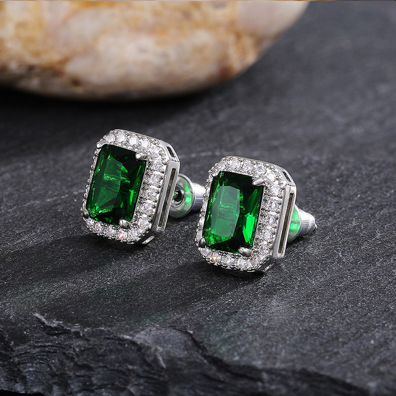 Square Copper Zircon Inlaid Green Stud Earrings Wholesale