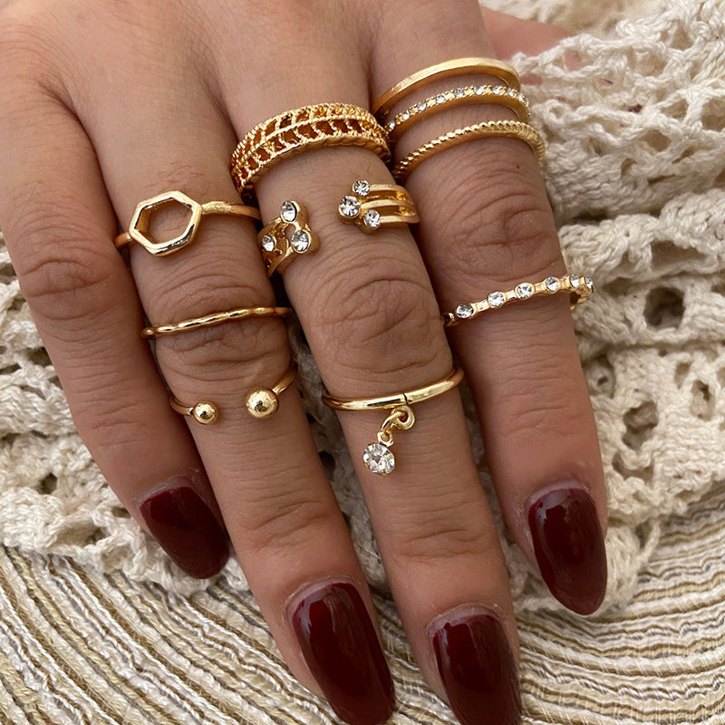 Fashion Triangle Heart & Butterfly Diamond Ring 5-Piece Set - Creative Retro Design