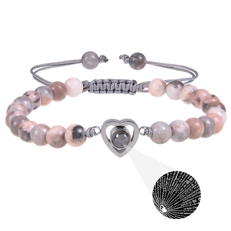 Romantic Heart Shape Natural Stone Projection Bracelets with Pink Crystal Beads