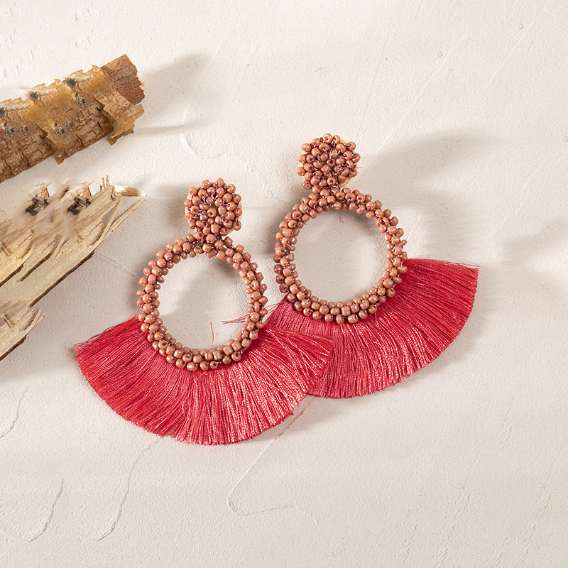 Bohemian Beaded Fan-shaped Tassel Earrings for Women