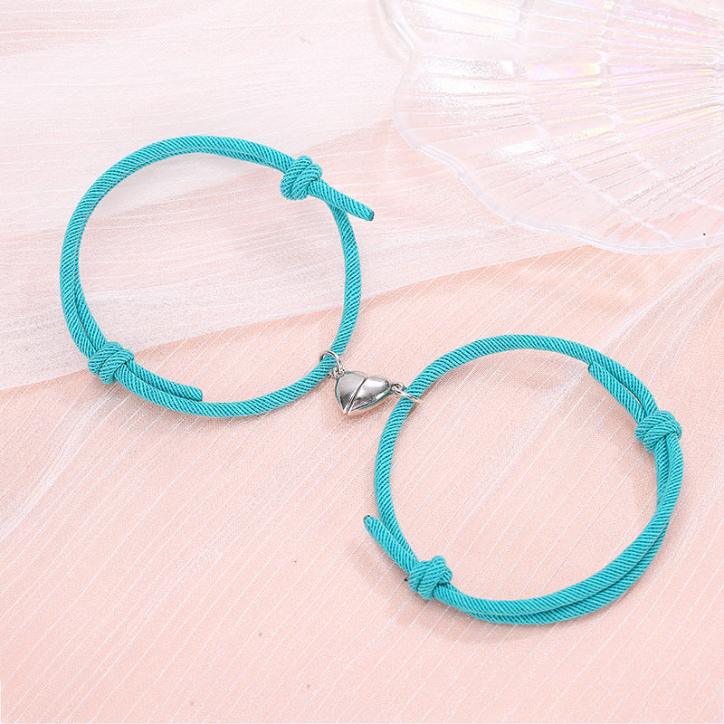 Heart-shaped Magnetic Couple Bracelets Set - Alloy Love Charm Rope Jewelry