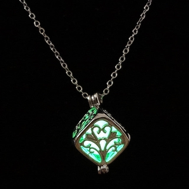 Hollow Square Life Tree Luminous Pendant Necklace with Creative Glow Cube Charm