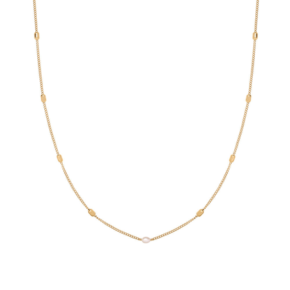 Minimalist Freshwater Pearl & Bead Necklace in Titanium Steel with 18K Gold Plating