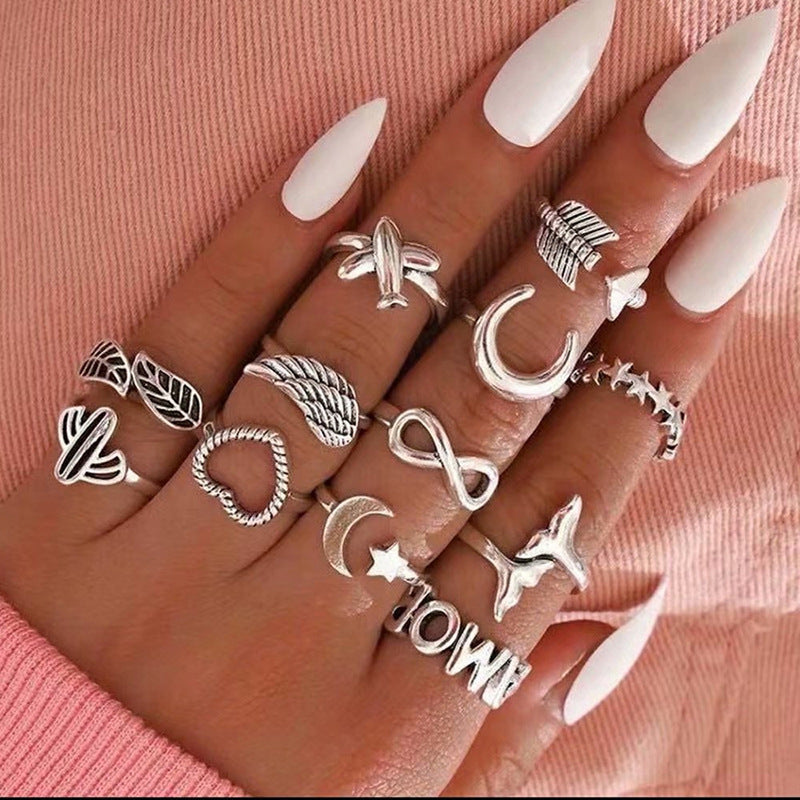New Bohemian Star and Shell Carved Ring Set - 9 Pieces