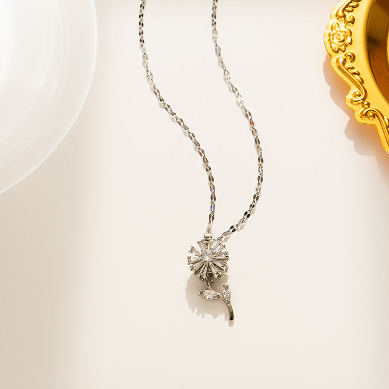 Sunflower Stainless Steel 18K Gold Plated Pendant Necklace with Inlay Gemstones