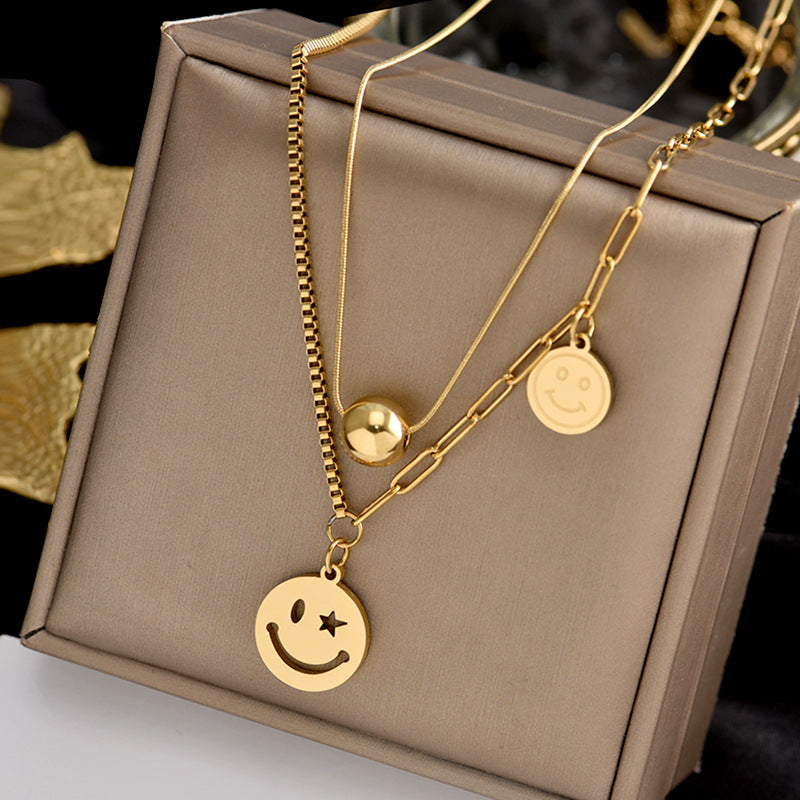 Fashion Smiley Face Pendant Titanium Steel Layered Necklace