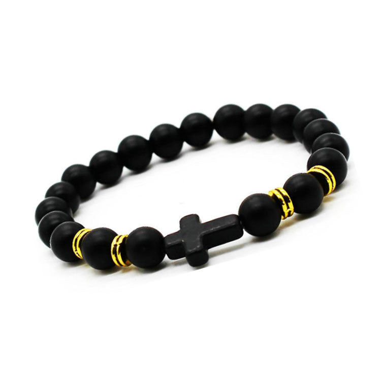 Alloy Cross Bracelet with 8mm Matte Volcanic Stone Beads - Red Pine
