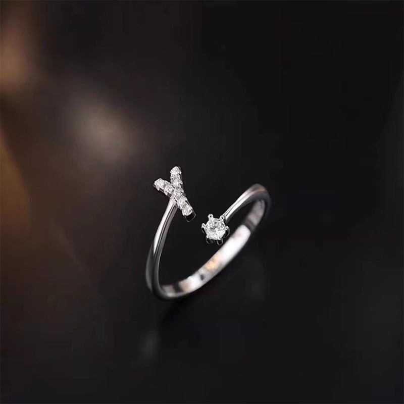26 English Letters Zircon Sterling Silver S925 Adjustable Ring Jewelry