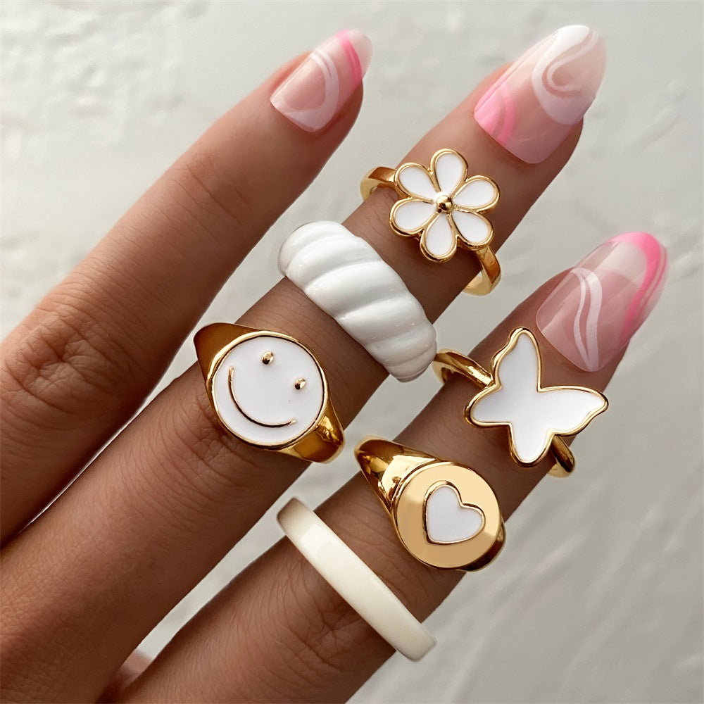 European American Butterfly Smiley & Heart Design Colorful Vintage Ring Set - 6 Pieces