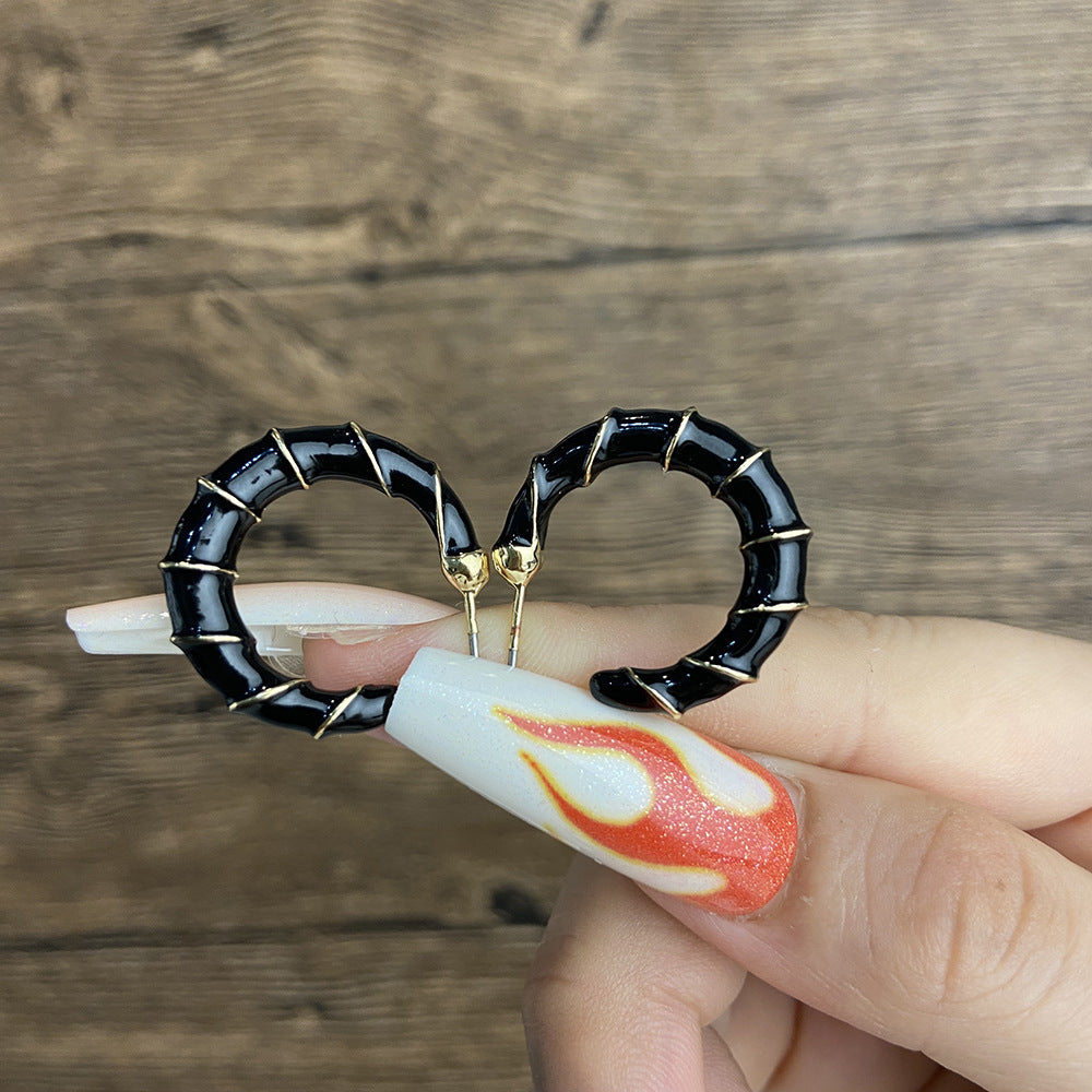 Colorful Heart & Bamboo Hoop Enamel Earrings 2023