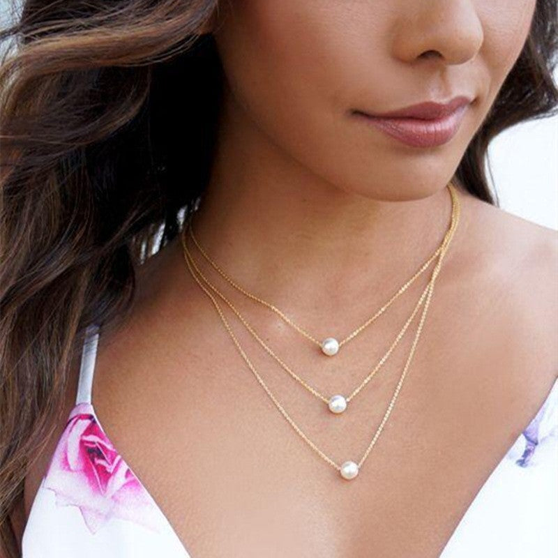 Artificial Pearl Butterfly Pendant Layered Necklace