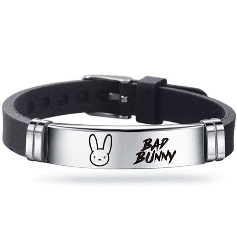 Unisex Vintage Rabbit Engraved Stainless Steel Silicone Bracelet